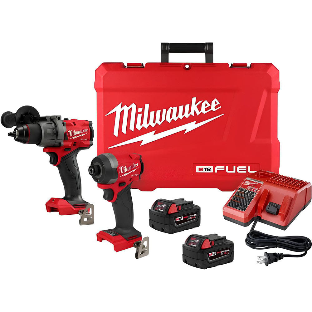 The Milwaukee 3697-22 M18 FUEL 2-tool combo kit combines the 2904-20 1/2 in Hammer Drill/Driver and 2953-20 1/4 in Hex Impact Driver. The hammer drill delivers up to 1,400 in-lbs and 2,100 RPM, while the impact driver delivers up to 2,000 in-lbs and 3,900 RPM. Two XC5.0 batteries, charger, side handle, belt clips, and case are included.
2904-20 hammer drill included
2953-20 impact driver included
Hammer drill up to 1,400 in-lbs and 2,100 RPM
Impact driver up to 2,000 in-lbs and 3,900 RPM
Two XC5.0 batteries
Charger and case included
