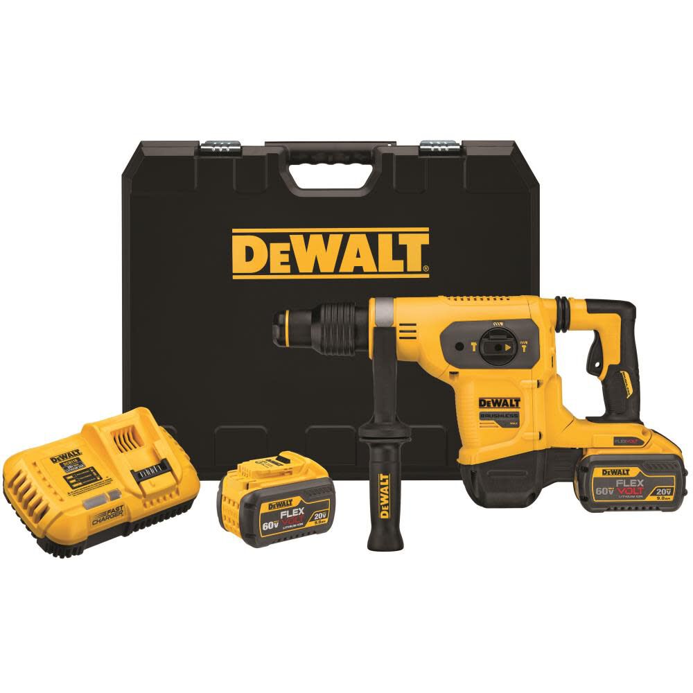 The DEWALT DCH481X2 is a FLEXVOLT 60V MAX brushless SDS MAX combination rotary hammer kit for heavy concrete drilling and chipping. It delivers 6.1 J of impact energy, up to 540 RPM, and up to 3,150 BPM, with E-CLUTCH and SHOCKS Active Vibration Control.
1-9/16 in SDS MAX capacity
6.1 J impact energy
Up to 540 RPM
Up to 3,150 BPM
E-CLUTCH and SHOCKS vibration control
Includes two 9.0Ah FLEXVOLT batteries
