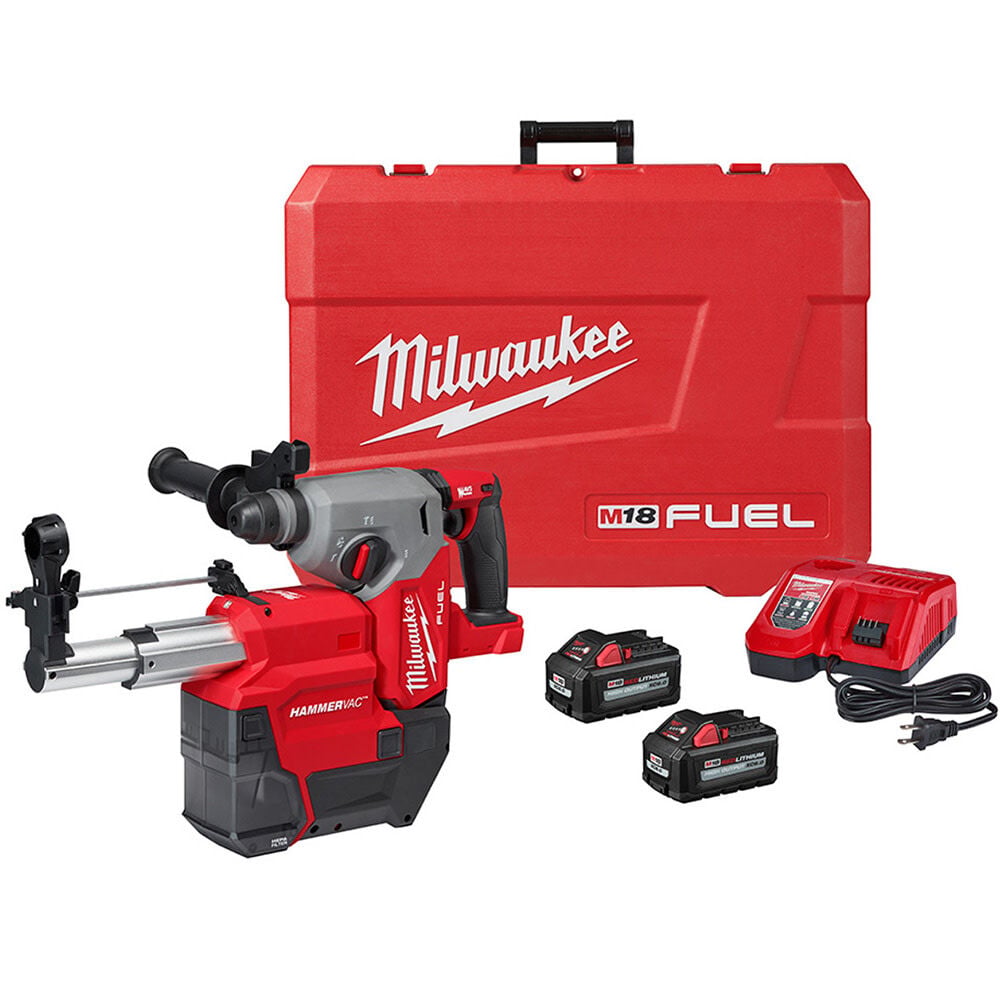 The Milwaukee 2912-22DE combines the M18 FUEL 1 in SDS-Plus Rotary Hammer with a dedicated HAMMERVAC dust extractor. The hammer delivers 2 ft-lbs of impact energy, up to 1,330 RPM, and up to 4,800 BPM. The kit includes two HIGH OUTPUT XC6.0 batteries and an M18/M12 rapid charger.
1 in SDS-Plus rotary hammer
2 ft-lbs impact energy
Up to 1,330 RPM and 4,800 BPM
HAMMERVAC dust extractor included
OSHA Table 1 dust-control capability when used as specified
Two XC6.0 batteries included
