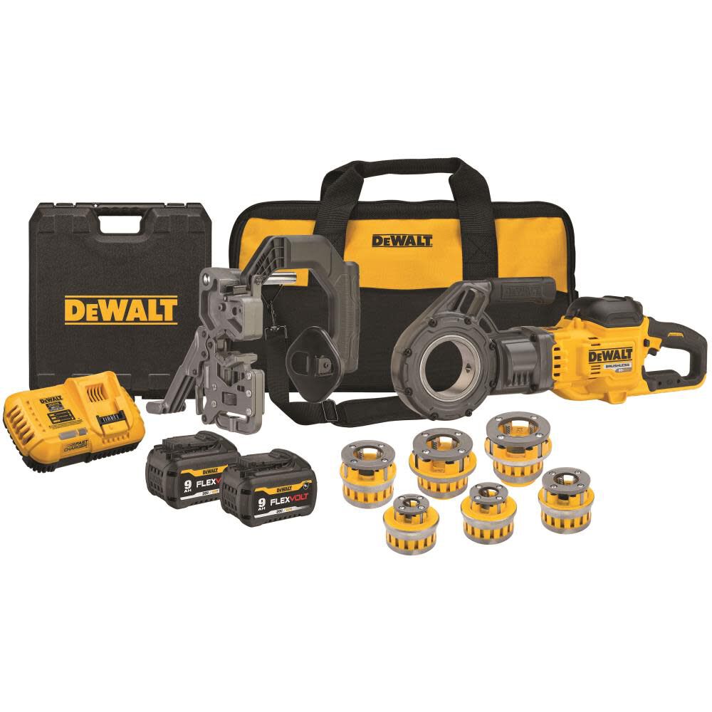 The DEWALT DCE700X2K is a cordless FLEXVOLT 60V MAX pipe threader kit designed for threading 1/2 in through 2 in black iron pipe, rigid conduit, galvanized pipe, and IMC. It includes six NPT die heads, two 9.0Ah FLEXVOLT batteries, a fast charger, pipe clamp, and storage cases.
Threads 1/2 in through 2 in pipe
Brushless 60V MAX FLEXVOLT platform
E-CLUTCH anti-rotation system
Compatible with RIDGID 12R-style die heads
Includes six NPT die heads
Includes two 9.0Ah batteries
