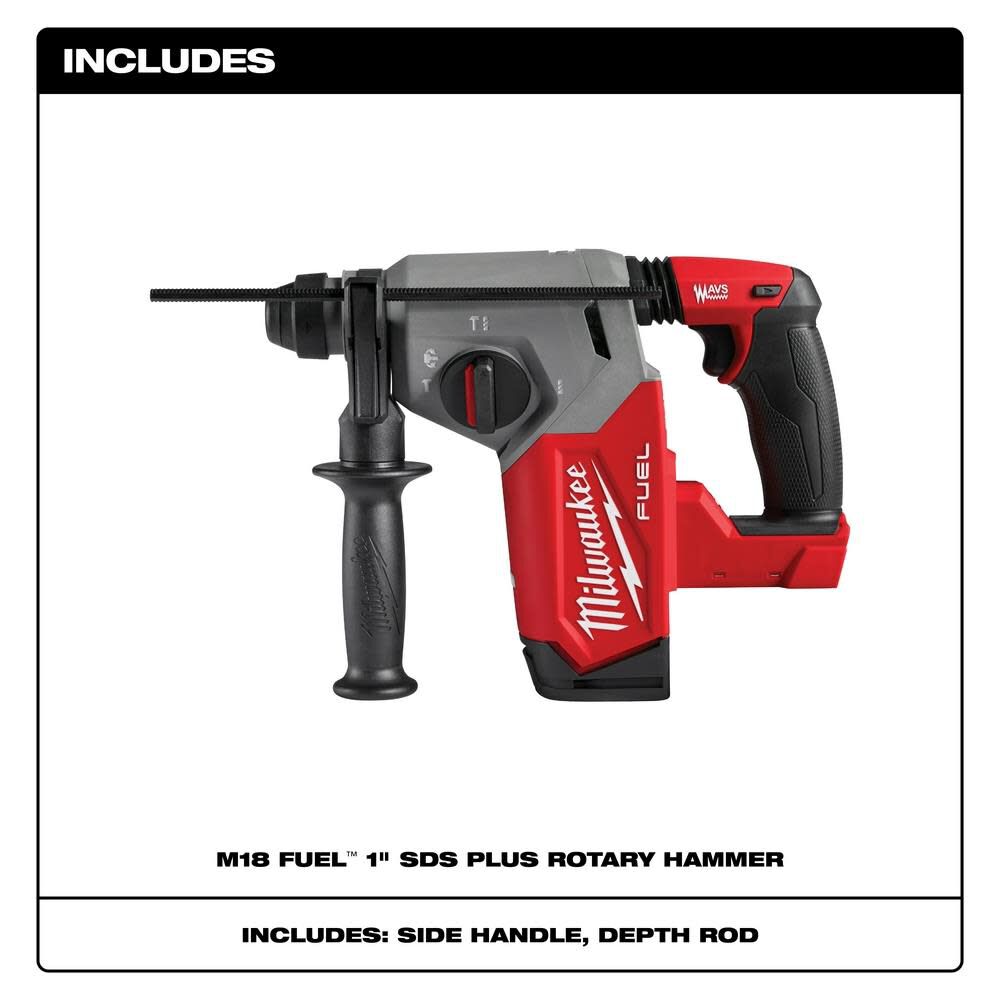 The Milwaukee 2912-20 M18 FUEL 1 in SDS-Plus Rotary Hammer is designed for concrete drilling and chipping with three operating modes. It delivers 2 ft-lbs of impact energy, up to 1,330 RPM, and up to 4,800 BPM. AutoStop control and an anti-vibration system support improved operator control. Battery and charger are sold separately.
1 in SDS-Plus tool holder
2 ft-lbs impact energy
Up to 1,330 RPM
Up to 4,800 BPM
Three operating modes
AutoStop and anti-vibration system
