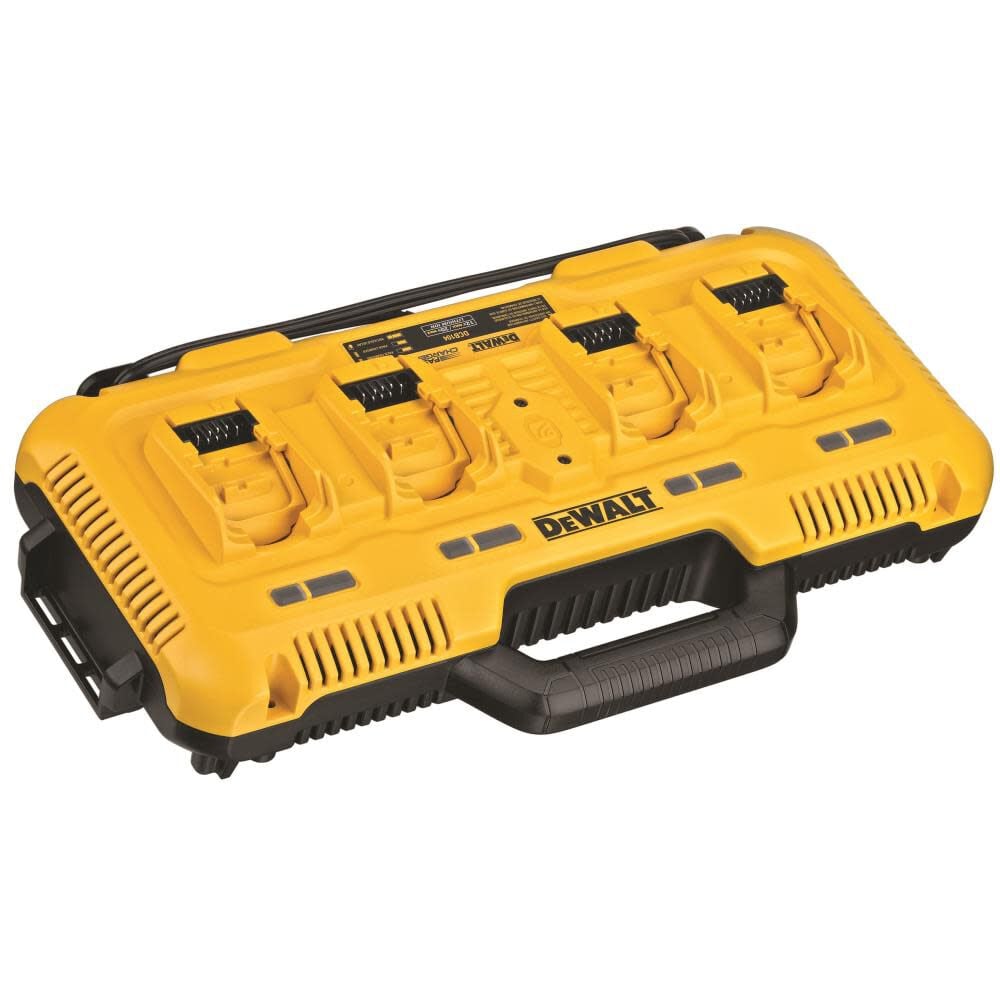 The DEWALT DCB104 charges up to four compatible battery packs at the same time, with 8-amp output available at each port. It supports DEWALT 12V MAX, 20V MAX, and FLEXVOLT 20V/60V MAX batteries and includes wall-mounting provisions and cord wraps for jobsite organization.
Charges four compatible batteries simultaneously
8-amp output at each charging port
Compatible with 12V MAX, 20V MAX, and FLEXVOLT batteries
Wall-mountable with integrated cord wraps
