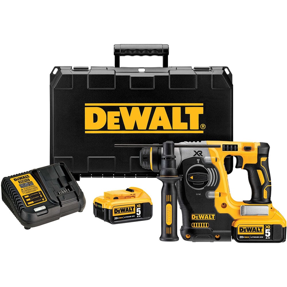 The DEWALT DCH273P2 combines the 1 in SDS-Plus L-shape rotary hammer with two 5.0Ah batteries and charging equipment. The tool delivers 2.1 J of impact energy, up to 1,100 RPM, and up to 4,600 BPM with drill, hammer drill, and chipping modes.
1 in SDS-Plus rotary hammer
2.1 J impact energy
Up to 1,100 RPM
Up to 4,600 BPM
SHOCKS Active Vibration Control
Includes two 5.0Ah batteries and charger
