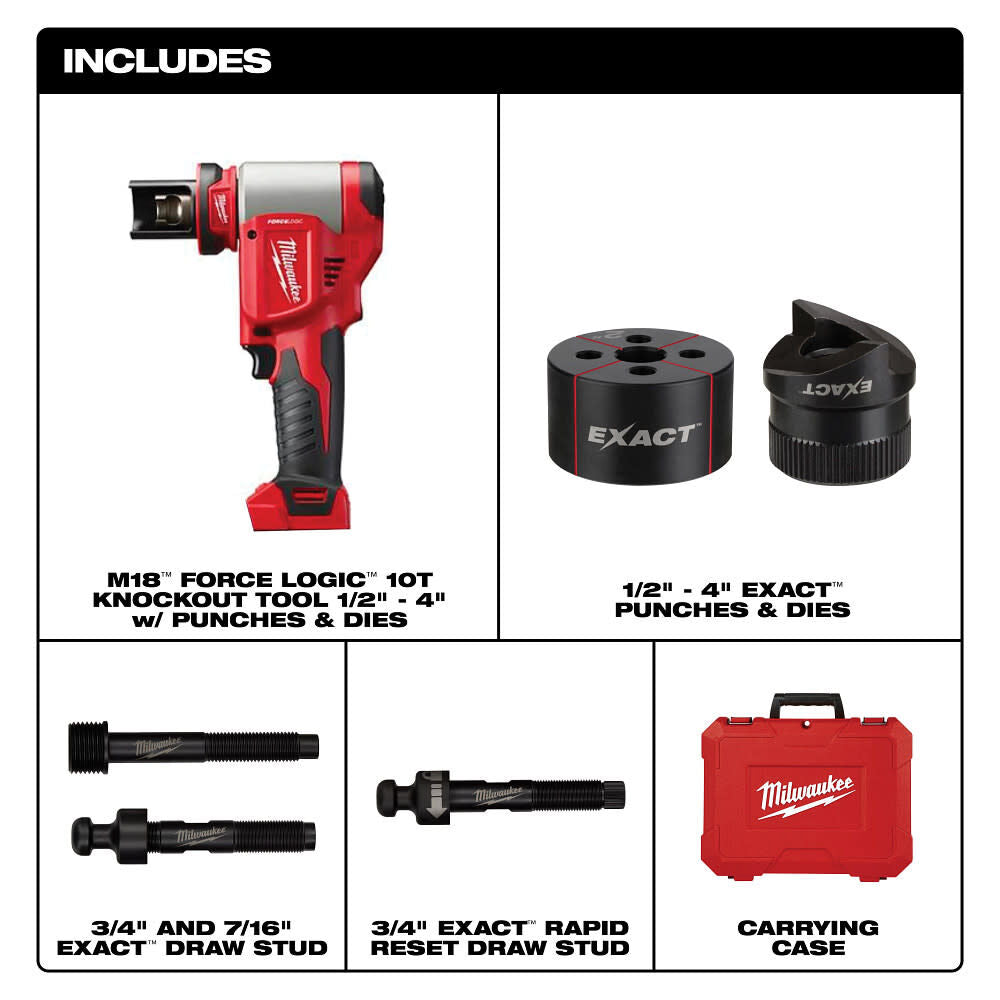 The Milwaukee 2676-04 M18 FORCE LOGIC knockout tool set delivers up to 10 tons of force for electrical knockout applications. The set supports 1/2 in through 4 in punches and dies and includes the knockout tool, punches and dies, draw-stud hardware, and carrying case. Battery and charger are not included.
Up to 10 tons knockout force
1/2 to 4 in knockout range
Quick Connect alignment system
Includes EXACT punches and dies
Carrying case included
Battery and charger not included
