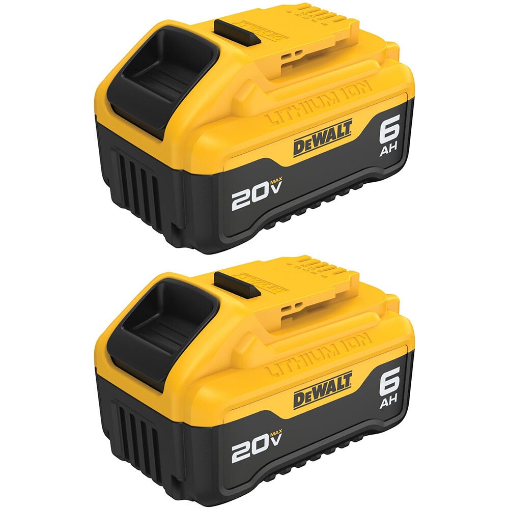 The DEWALT DCB206-2 includes two 20V MAX 6.0Ah lithium-ion battery packs for compatible DEWALT 20V MAX tools and chargers. Each pack includes an LED state-of-charge indicator for quick battery-level checks.
Two 20V MAX battery packs
6.0Ah capacity per battery
LED state-of-charge indicator
Compatible with DEWALT 20V MAX tools and chargers
