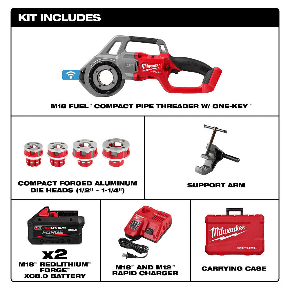 The Milwaukee 2870-22 M18 FUEL Compact Pipe Threader is designed for threading 1/2 in through 1-1/4 in pipe. AutoStop kickback control and ONE-KEY connectivity support operator control and tool management. The kit includes four NPT die heads, two 8.0Ah M18 batteries, rapid charger, support arm, and case.
1/2 to 1-1/4 in NPT capacity
POWERSTATE brushless motor
AutoStop kickback control
ONE-KEY connectivity
Four forged aluminum die heads
Two 8.0Ah batteries included
