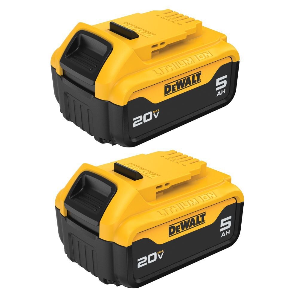 The DEWALT DCB205-2 includes two 20V MAX 5.0Ah lithium-ion battery packs for compatible DEWALT 20V MAX tools and chargers. Each pack includes an LED state-of-charge indicator for quick battery-level checks.
Two 20V MAX battery packs
5.0Ah capacity per battery
LED state-of-charge indicator
Compatible with DEWALT 20V MAX tools and chargers
