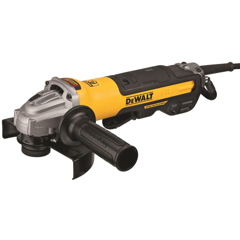 The DEWALT DWE43244N is a corded brushless angle grinder for 5 in and 6 in grinding and cutting accessories. It operates at 9,000 RPM with a 13-amp motor and 5/8-11 spindle. Electronic Kickback Brake, a no-lock paddle switch, and power-loss reset provide added control.
5 to 6 in wheel capacity
13-amp brushless motor
9,000 RPM
5/8-11 spindle
Electronic Kickback Brake
No-lock paddle switch

