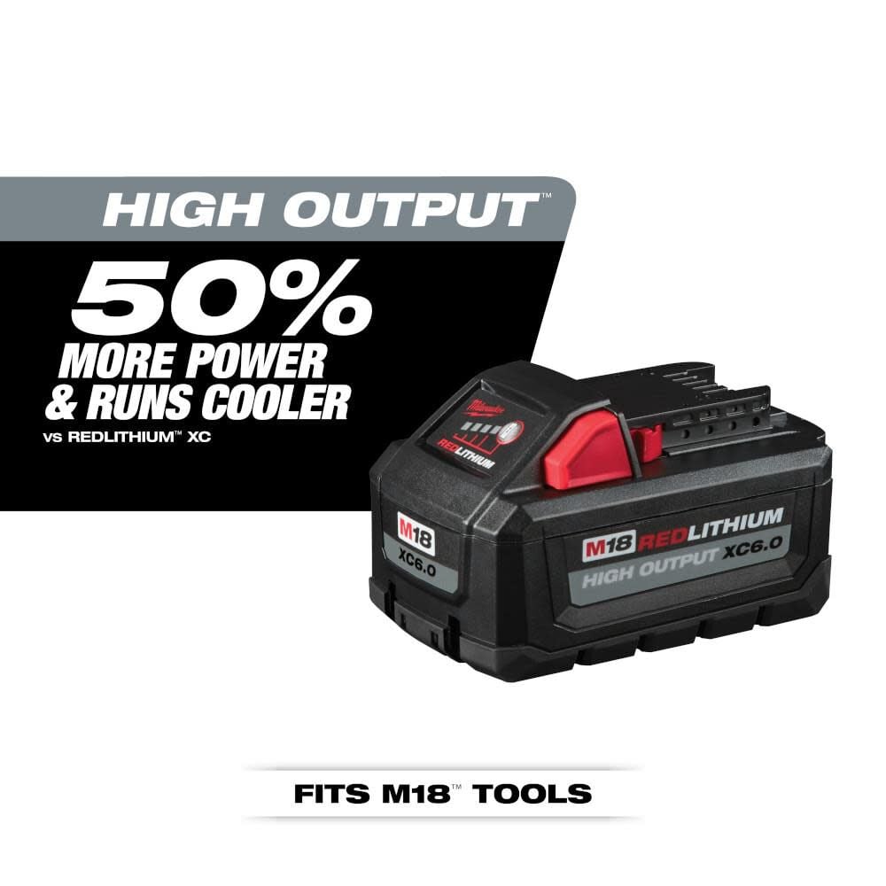The Milwaukee 48-11-1862 includes two M18 REDLITHIUM HIGH OUTPUT XC6.0 battery packs, each with 6.0Ah capacity. HIGH OUTPUT battery technology is designed for high-demand M18 applications and includes onboard fuel gauges and REDLINK intelligence.
Two HIGH OUTPUT XC6.0 batteries
6.0Ah capacity per battery
18V M18 platform
Designed for high-demand applications
Onboard fuel gauge
Individual battery model 48-11-1865
