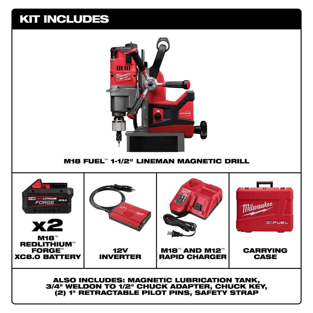 The Milwaukee 2788-22HD M18 FUEL Lineman Magnetic Drill supports up to 1-1/2 in annular cutters and 1/2 in twist bits. It runs at 400 or 690 RPM and includes Auto-Stop lift-off detection. The kit includes two 8.0Ah M18 battery packs, charging equipment, chuck adapter, safety strap, and case; current manufacturer content uses inconsistent battery-family wording, so the battery family should be reviewed before publication.
1-1/2 in annular cutter capacity
1/2 in twist-bit capacity
400 and 690 RPM
POWERSTATE brushless motor
Auto-Stop lift-off detection
Includes two 8.0Ah batteries
