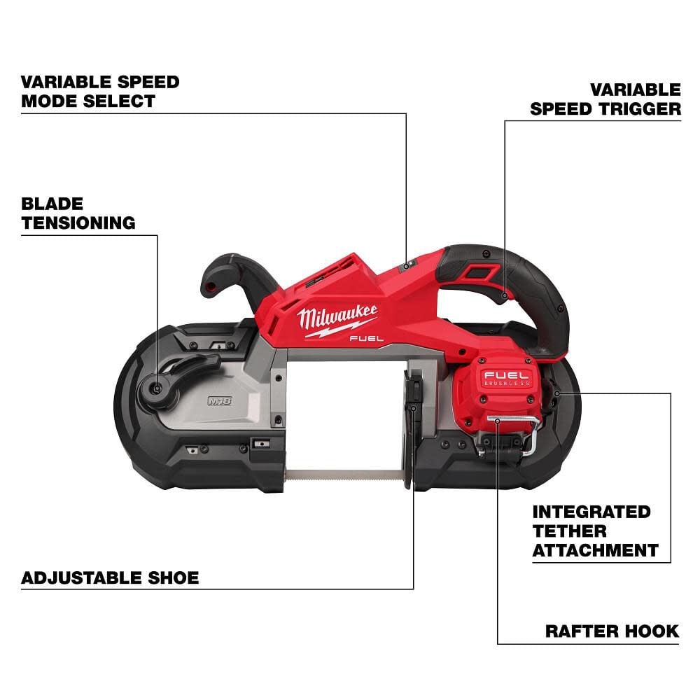 The Milwaukee 2929-20 M18 FUEL Deep Cut Band Saw provides a 5 in by 5 in cutting envelope and reaches up to 550 SFPM. Variable speed control supports different materials, while Cut-Brake technology helps stop the blade after a cut. Battery and charger are sold separately.
5 x 5 in cutting capacity
Up to 550 SFPM
POWERSTATE brushless motor
Variable speed control
Cut-Brake technology
Tool only
