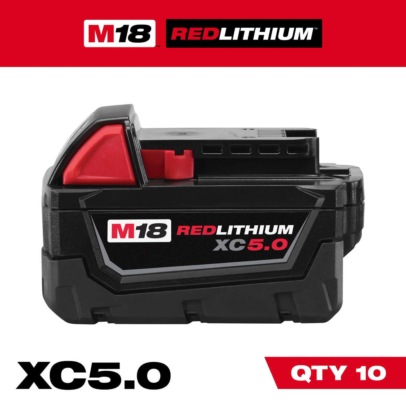 The Milwaukee 48-11-1851 package contains ten M18 REDLITHIUM XC5.0 battery packs, each with 5.0Ah capacity. The batteries are compatible with the Milwaukee M18 platform and include onboard fuel gauges and REDLINK intelligence.
Ten XC5.0 batteries included
5.0Ah capacity per battery
18V M18 platform
REDLITHIUM XC series
Onboard fuel gauge
Individual battery model 48-11-1850
